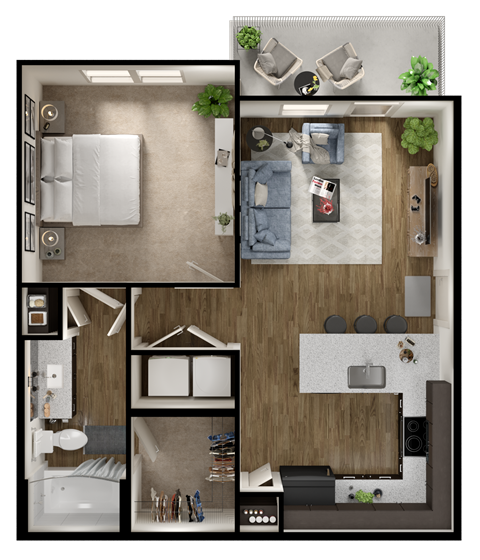 A top-down view of a small apartment layout with a kitchen, living room, and bedroom.